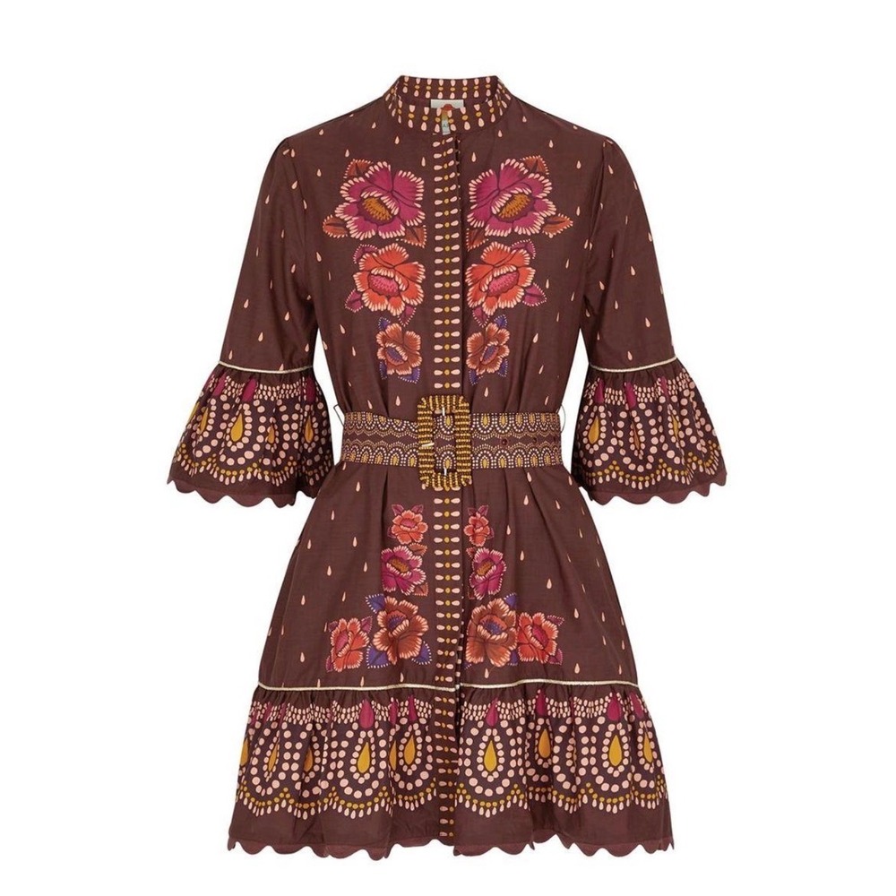 FARM Rio Bright Flora Dress Women M Mini Belted Floral Boho Vacation Maximalist